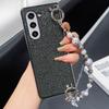 For Samsung Galaxy Z Fold6 5G Case Textured Glitter Leather+PC Phone Cover with Beaded Strap