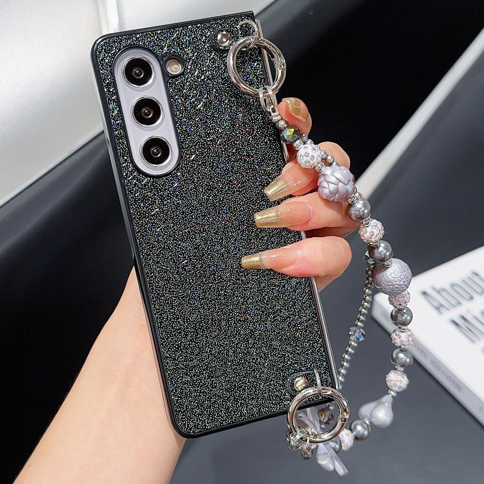 

For Samsung Galaxy Z Fold6 5G Case Textured Glitter Leather+PC Phone Cover with Beaded Strap A