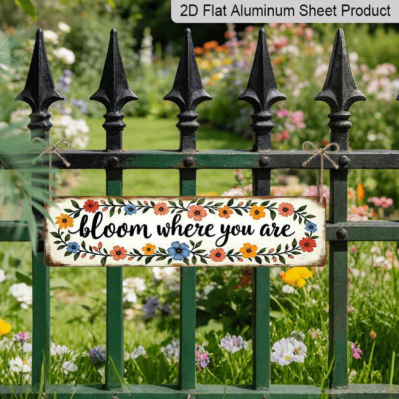 2D Flat, 1pc Rustic Bloom "Bloom Where You Are" Aluminium Decorative Sign - Vintage Farmhouse Floral Decor with Wood Grain, Wood Plaque for Home