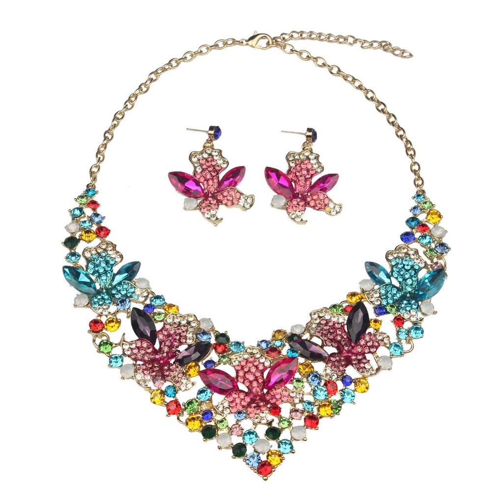 2026 Luxury European and American Color Flower Artificial Crystal Necklace Earrings Set Women's Dinner Dress Party Accessories