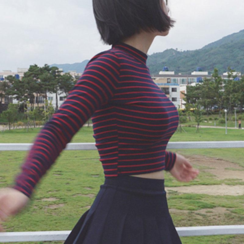 Crop Tops Women Chic All-match Classic Stripe Slim Short Bustier Crop Top Turtleneck Long Sleeved T-shirt Sexy Shirts Tee