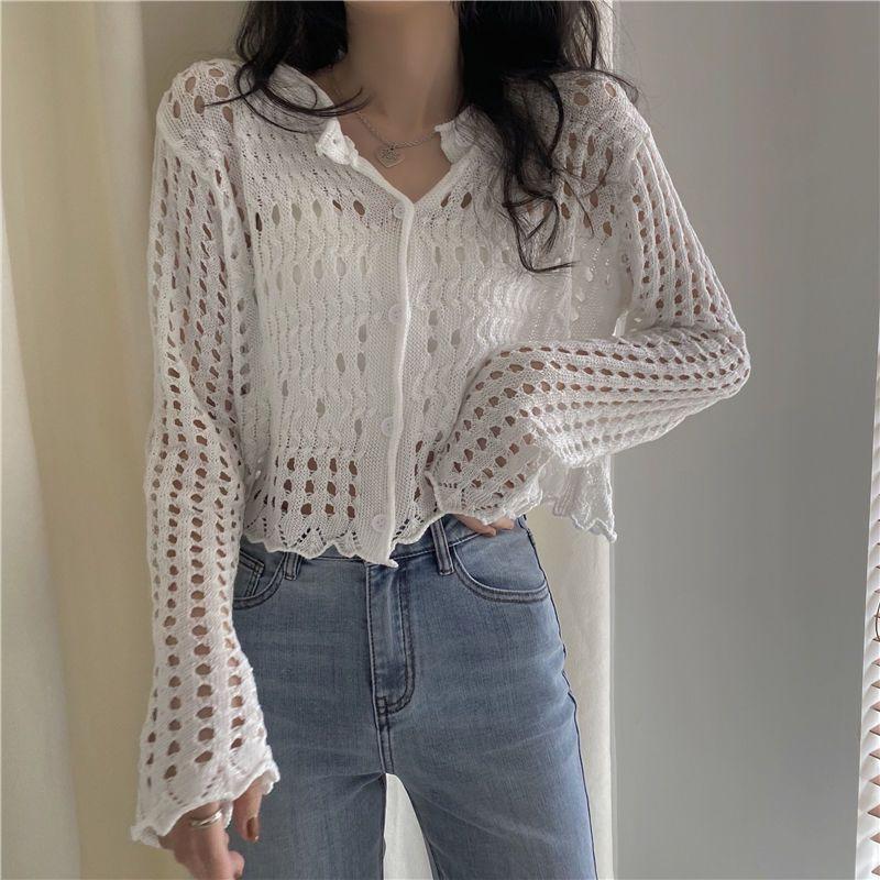 

Women s White Hollow Out Long Sleeve Thin Sun Protection Knit Top Autumn Loose Outer Wear Cardigan Coat One size білий