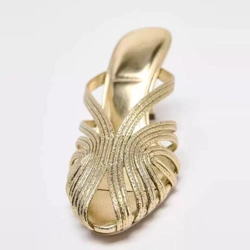 Fashion Fashion Hollow Gold Narrow Band High Heel Slipper Women Elegant Pointy Toe Thin Heel Brand Designer Shoe Sexy Banquet Dress Shoe