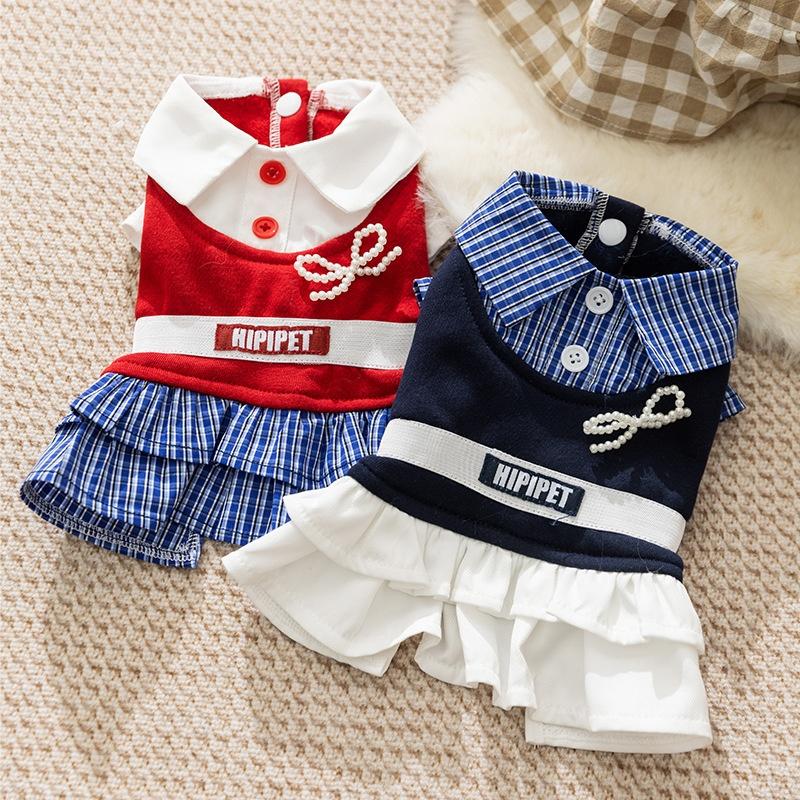 Luxury Plaid Dog Dress College Style Dog Clothes Autumn Warm Puppy Shirt Skirt Cute Bow Cat Princess Dress Chihuahua Pet Apparel