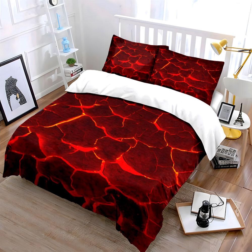 3Pcs Lava Crack Bedding Set, Red Hot Magma Rock Print Duvet Cover + 2 Pillowcases, Volcano Texture Pattern For Bedroom Decor
