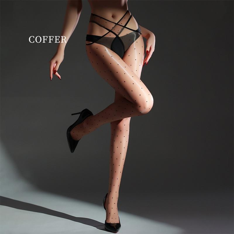 Open Crotch Dot Thigh High Stockings Sex Lingerie Pole Dance Clubwear Women Oil Glossy Transparent Underwear Pantyhose