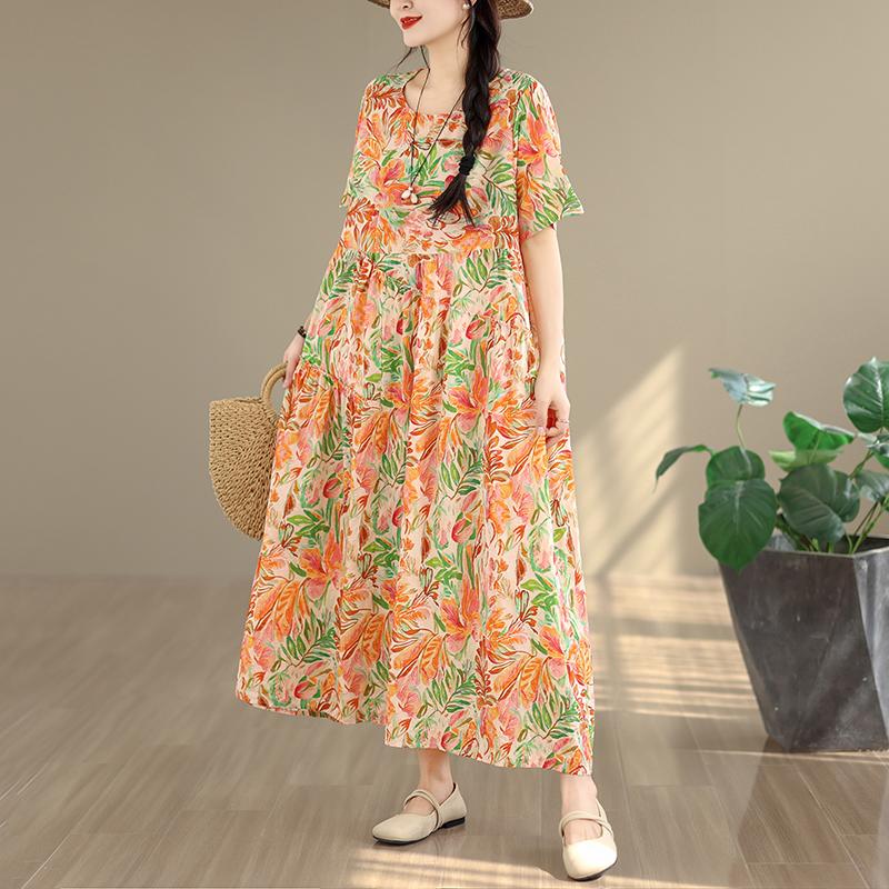 DIMANAF New 2026 Women Plus Size Summer Casual Long Dress Cotton Loose Oversize Floral Print Beach Sundress