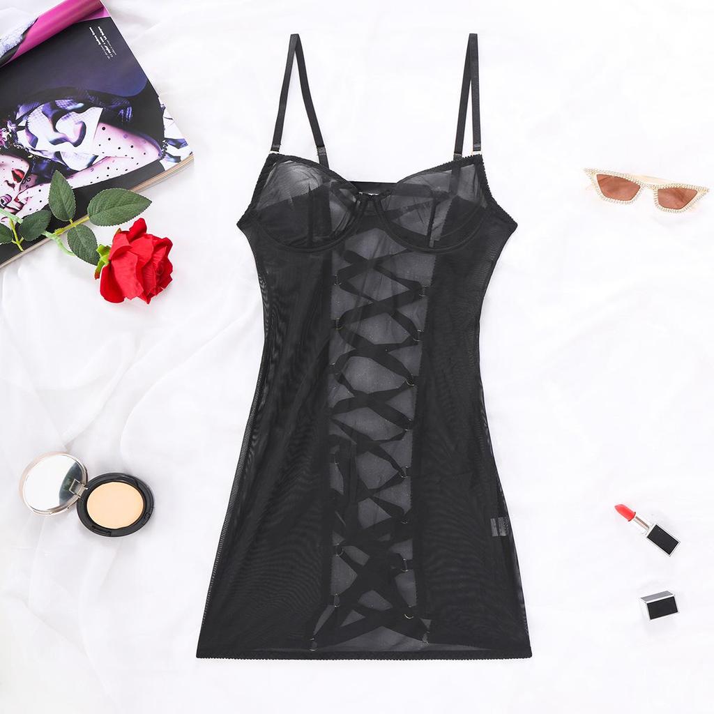 Seductive Mesh Lace Camisole Bodysuit Nightgown