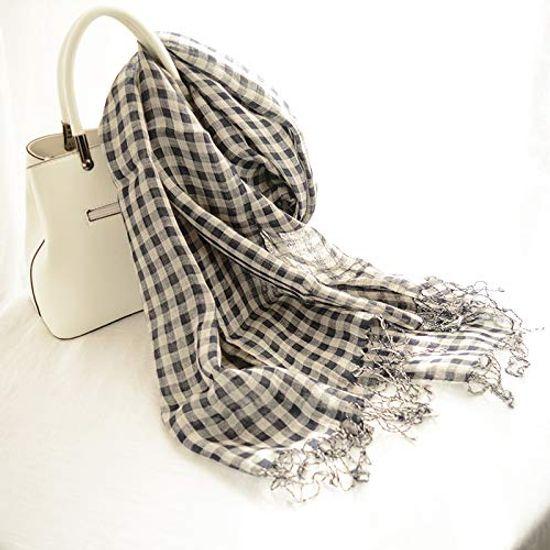 Hemp Scarf Linen Muffler Hemp Stole Gingham Check Navy Blue and Pink [Dolly Para] Women's (Navy Blue)