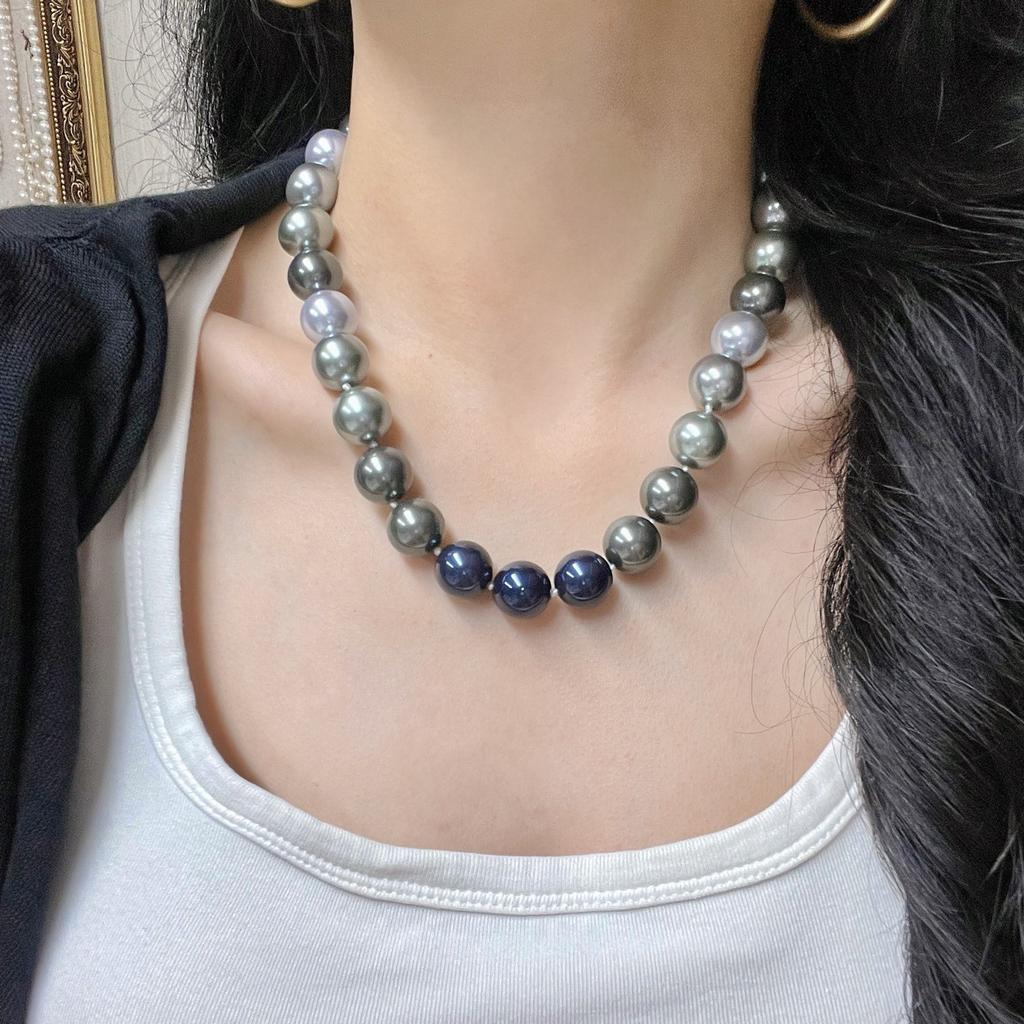 14Mm Haute Couture High Quality Vintage Contrasting Platinum Grey Faux Crystal Pearl Necklace Collarbone Chain