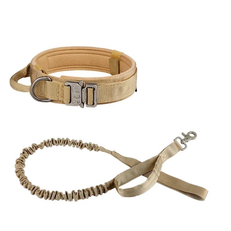 Tactical Dog Collar Training Set Heavy Duty Outdoor AntiPull Leash Metal Buckle Collar Reflective Stitching for Medium Large Dog M хаки