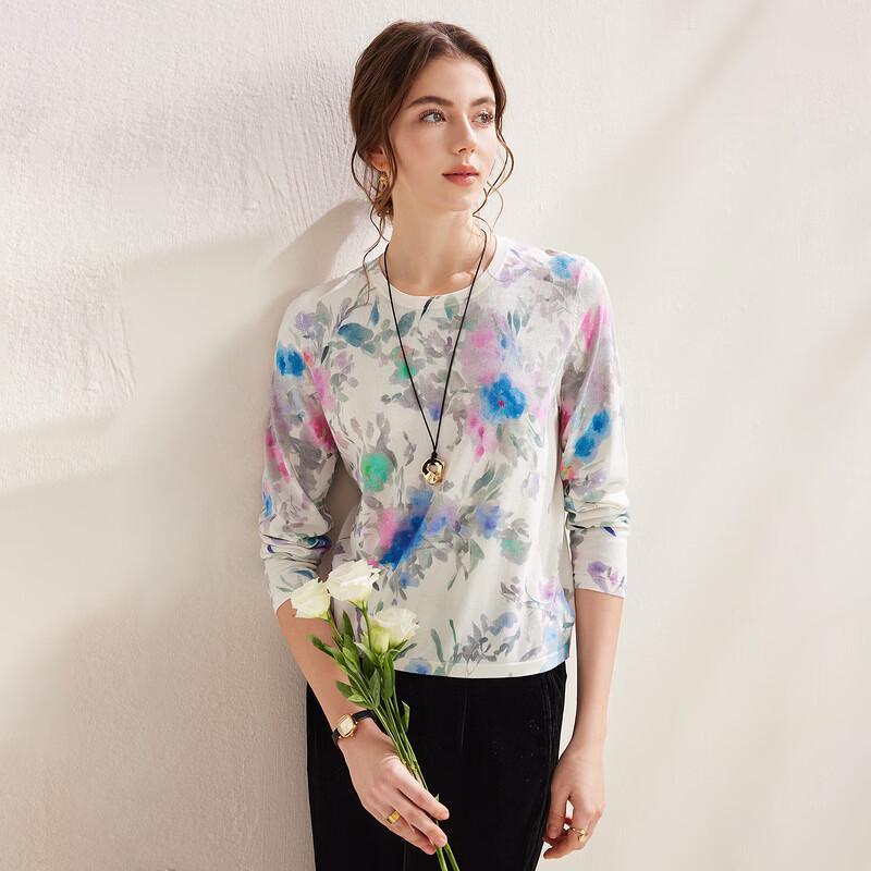 Women's Mulberry Silk Art Print Long Sleeve Knit Top