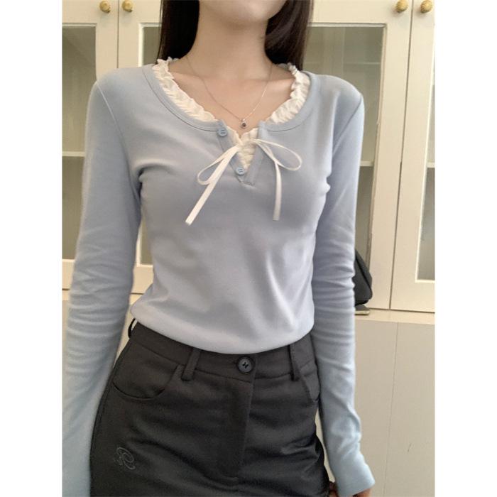 Women s American Retro Slim Fit Ribbed Dark Blue Long-Sleeve T-Shirt Medium небесно-голубой