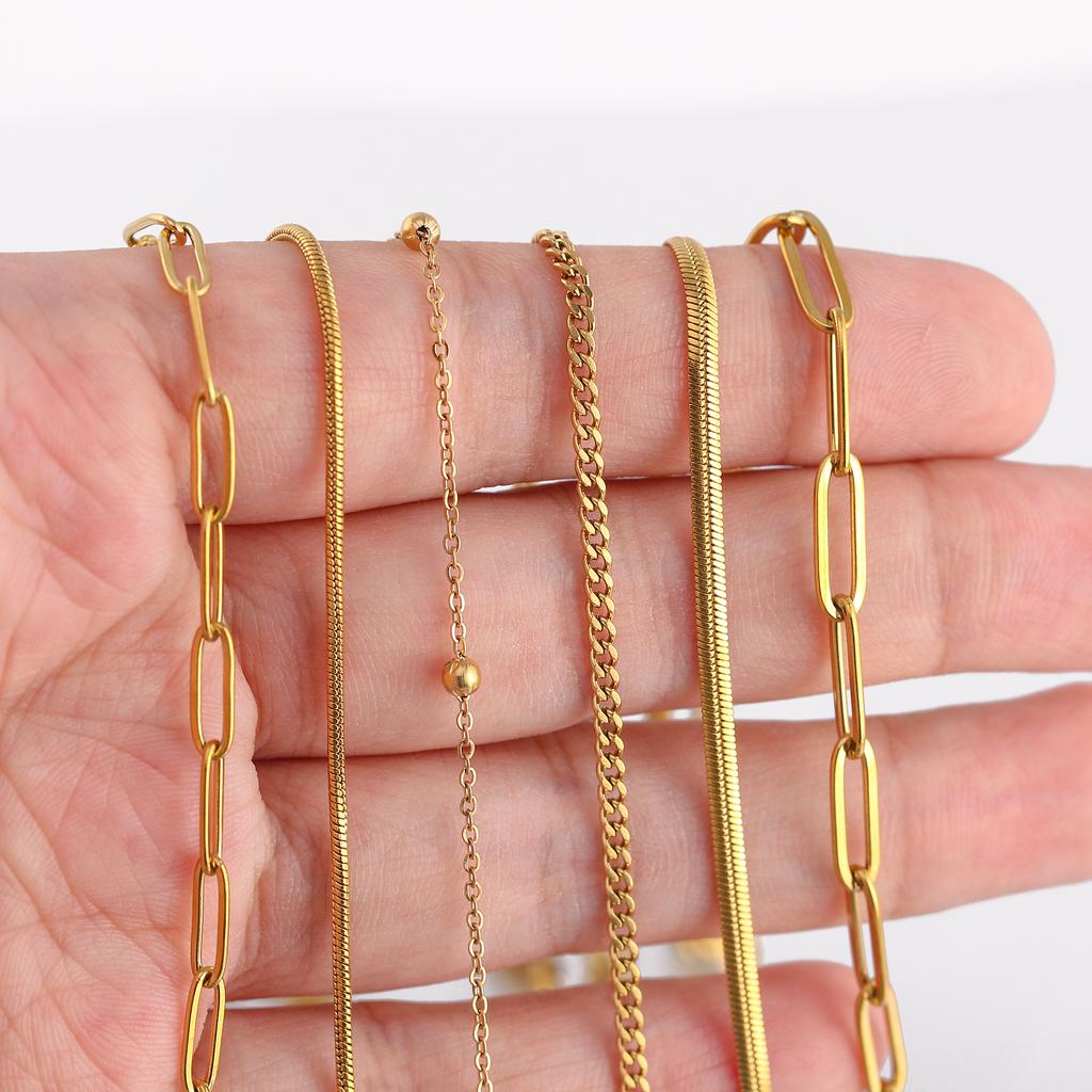 5Pcs/Lot Stainless Steel Bead Rope Link/Cuban/Paperclip Links Snake Chain Necklace Diy Women Jewelry 18K Gold Color Neck Chains