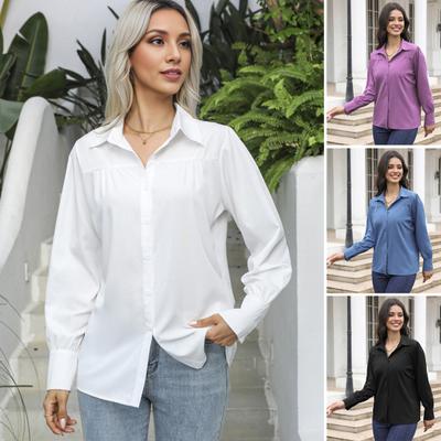 Women Shirt Lapel Puff Long Sleeve Solid Color Single-Breasted Shirt Tops Loose Fit Casual Tops Work Daily Wear