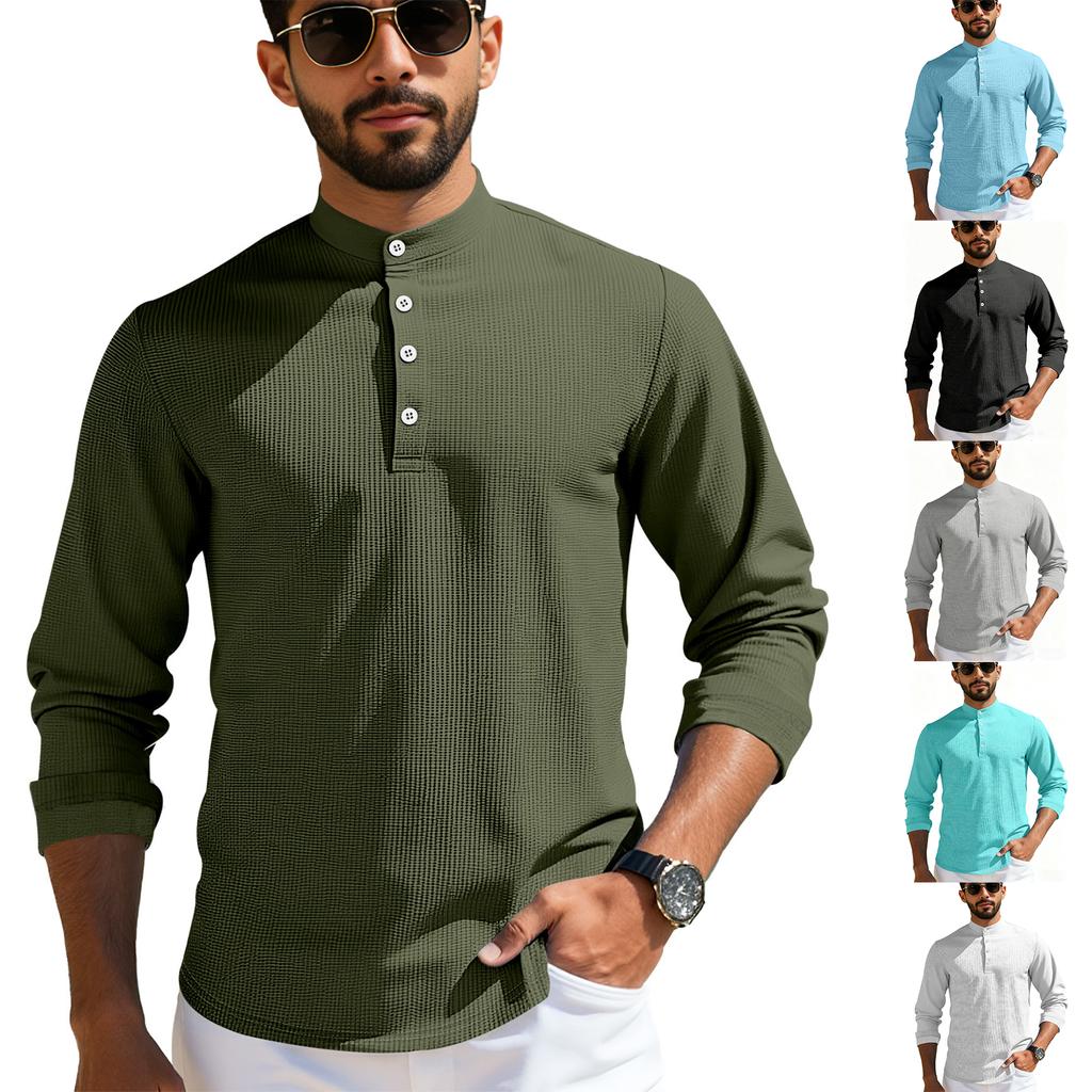 Mens Long Sleeve  Casual T-Shirts For Men Plaid Textured Top 4-Button Muscle Tee Baseball Golf