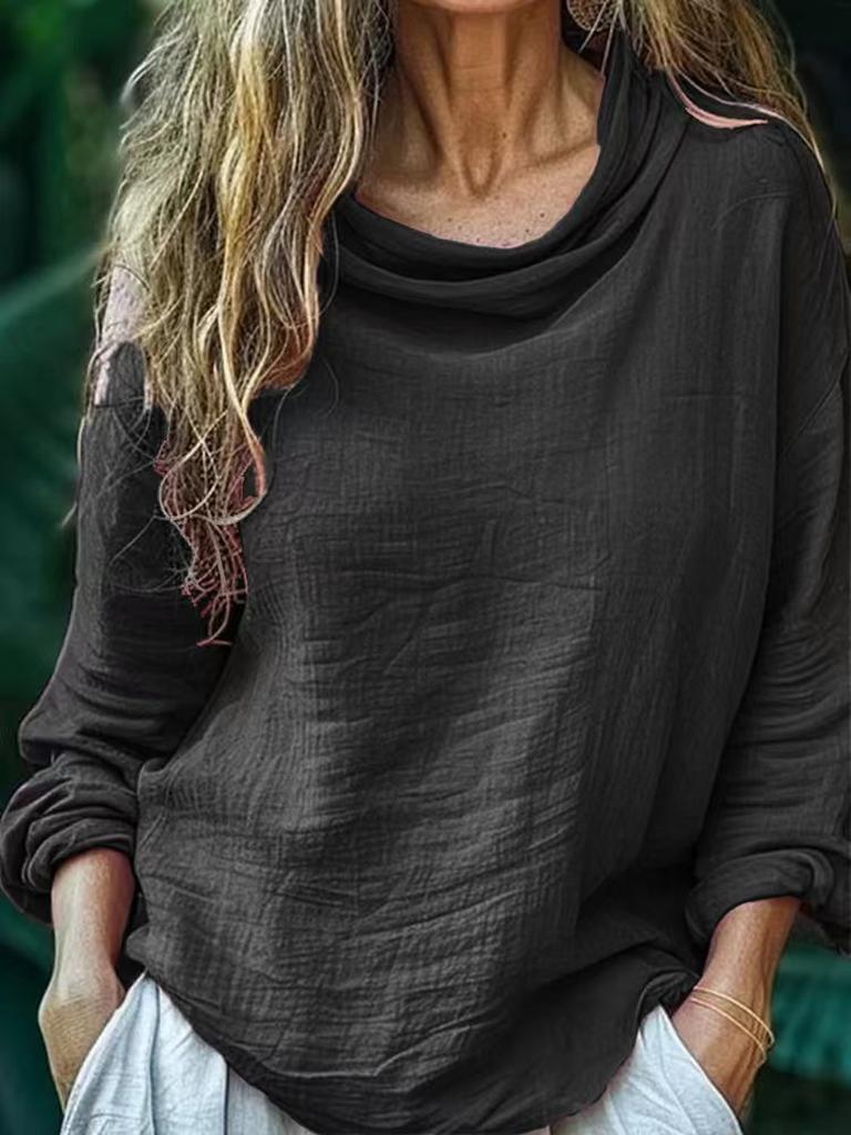 Spring New Women's Casual Loose Fashion Long Sleeve Solid Pile Knit Turtleneck Ruffled Top