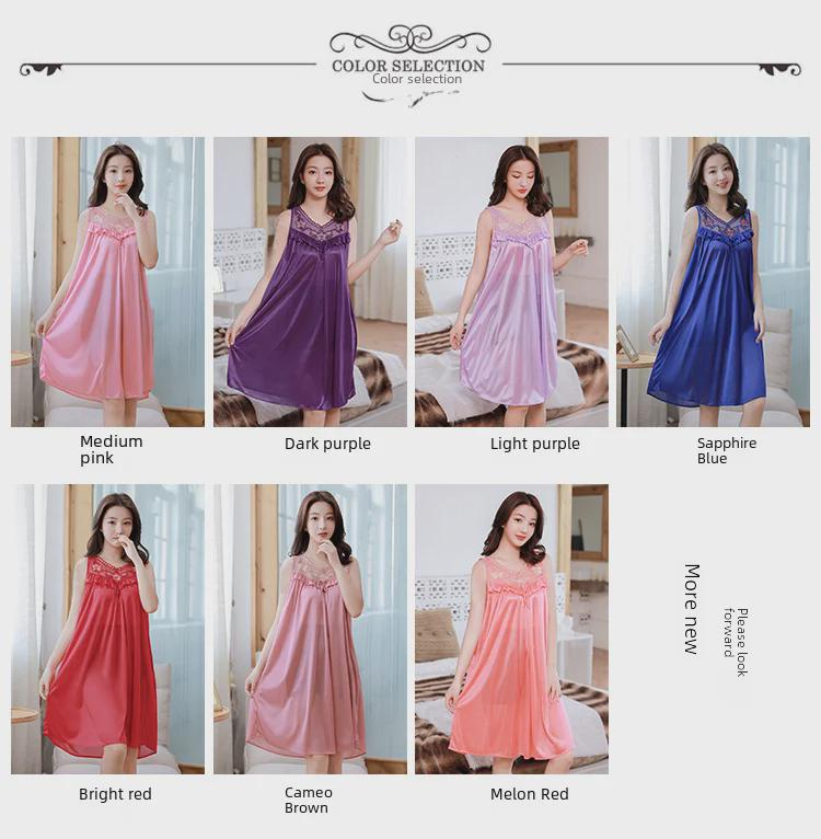 Damenunterwäsche aus Kunstseide für Frühling/Sommer: Sexy Nachthemd aus Eisseidenspitze mit großem Swingrock für den Heimgebrauch in Unifarben.