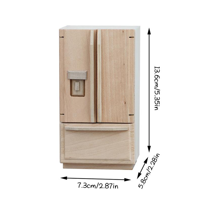 Dollhouse Miniature Items Wooden Doubledoor Refrigerator Mini Double-door Fridge Model Freezer 1:12 Doll House Kitchen Decor Toy