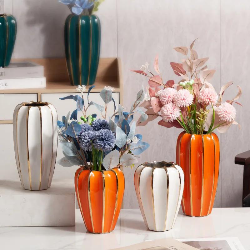 Luxury and High-end Gold Painted Ceramic Vase Flower Arrangement Simulation Living Room Decoration Home Decoration TV Cabin