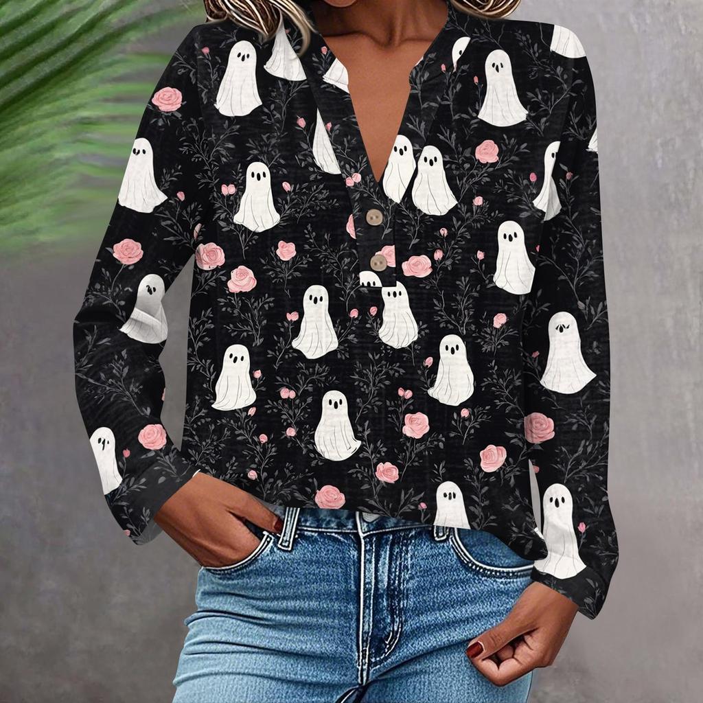 Women's Fashionable And Casual Shirt Long Sleeve V-neck Button Printed Blouse Top