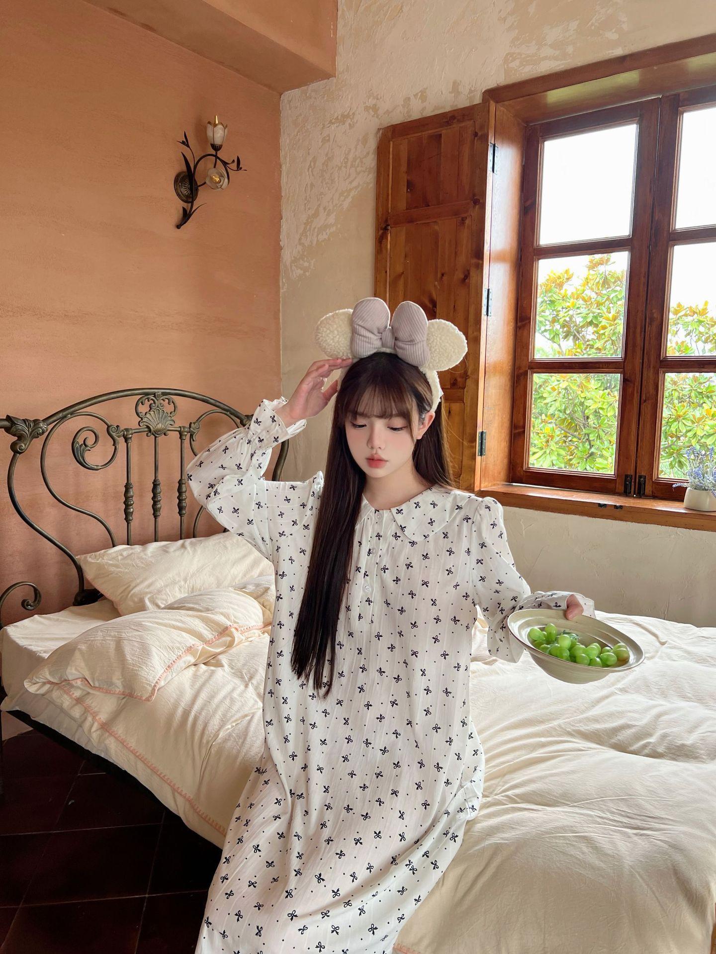 

Ruth same style, autumn Korean version ins pure cotton retro small floral nightdress women s sweet lace girl long dress pajamas L