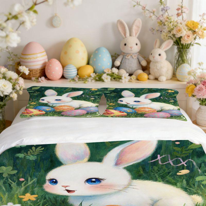 Bedding Pillowcase Quilt Cover 3-Piece Set Cute White Rabbit,Easter Egg Pattern,Easter Decoration