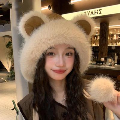 Γυναικείες Φθινοπωρινές Χειμώνες Καπέλο Προστατευτικό Αυτιών Ζεστό Παχύ Καπέλο Κρύα Γούνα Μπάλα Βελούδινο Αντιανεμικό Καπέλο Βομβαρδισμού Γλυκό χαριτωμένο αρκουδάκι Lei Feng Καπέλα