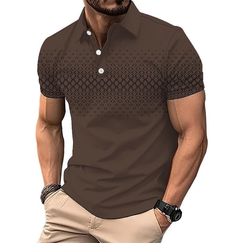 Men's Korean-Style Printed Color Block Lapel Polo Shirt Fashionable Minimalist Casual Short-Sleeve Top