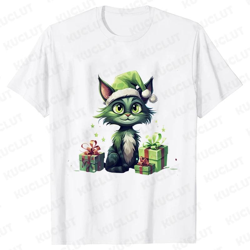 New Year Short Sleeve Tshirt Cute Cat Print Tops Fashion Xmas Unisex Tees Shirt Trend Graphic Christmas Male Oversized Clothing