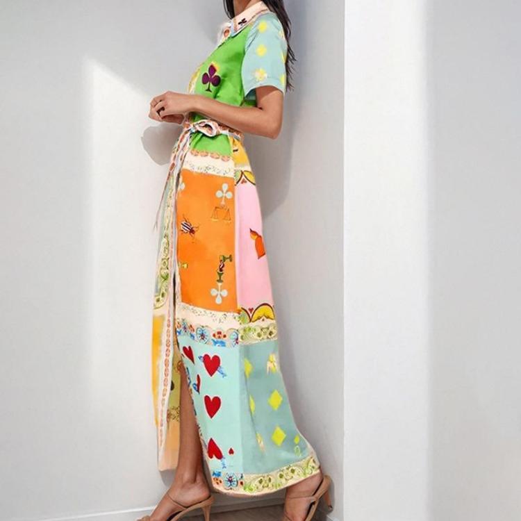 New Women's Spring Fashion Cardigan Dress Printed Lapel Strap Design Temperament