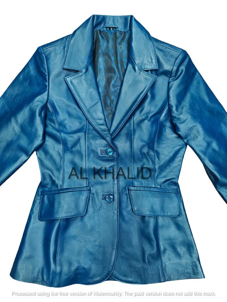 Lammleder Damenblazer Blau Zwei-Knopf Echtleder Handgefertigt Klassisch Stilvoll