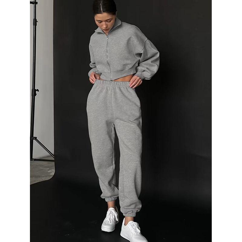 

Fashion New Arrival Minimalist Long Sleeve Fleece Pullover Pants Sports Suit Zipper Top and Pants Set Gray M