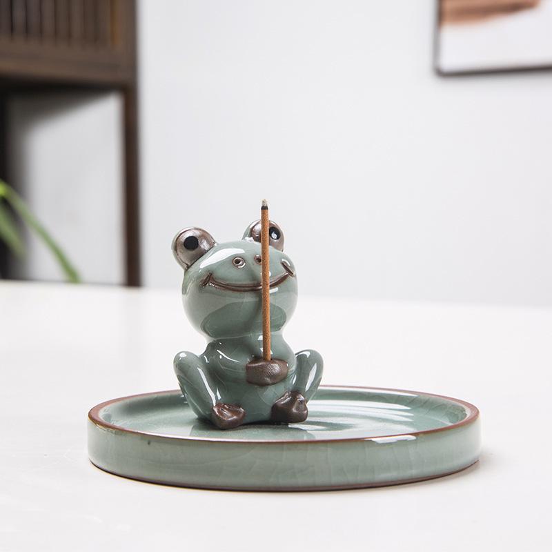 Zen Frog Ceramic Incense Burner and Holder - Ge Kiln Style for Home or Office Decor