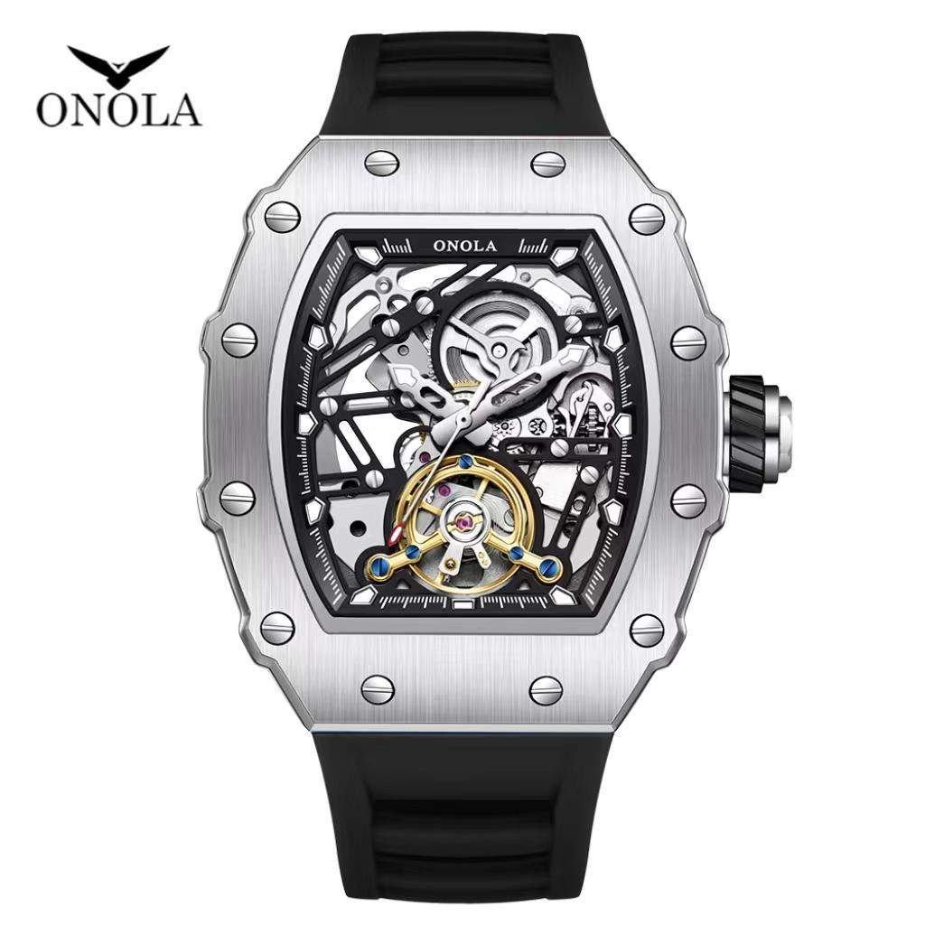 ONOLA Automatic Movement New 3854 Tourbillon Waterproof Silicone Strap Tonneau Mechanical Watches for Men Relogio Masculino