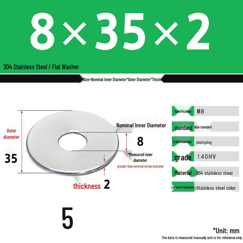 304 Stainless Steel Thickened Flat Washer Set, Sizes 2-36
