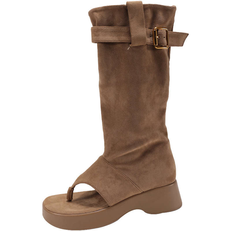 Damen Western Cowboy Stiefel mit Blockabsatz – 2025 Neue Zehensteg-Sandaletten-Booties, Klobiger Plateauabsatz, Trendige Boho Stiefeletten