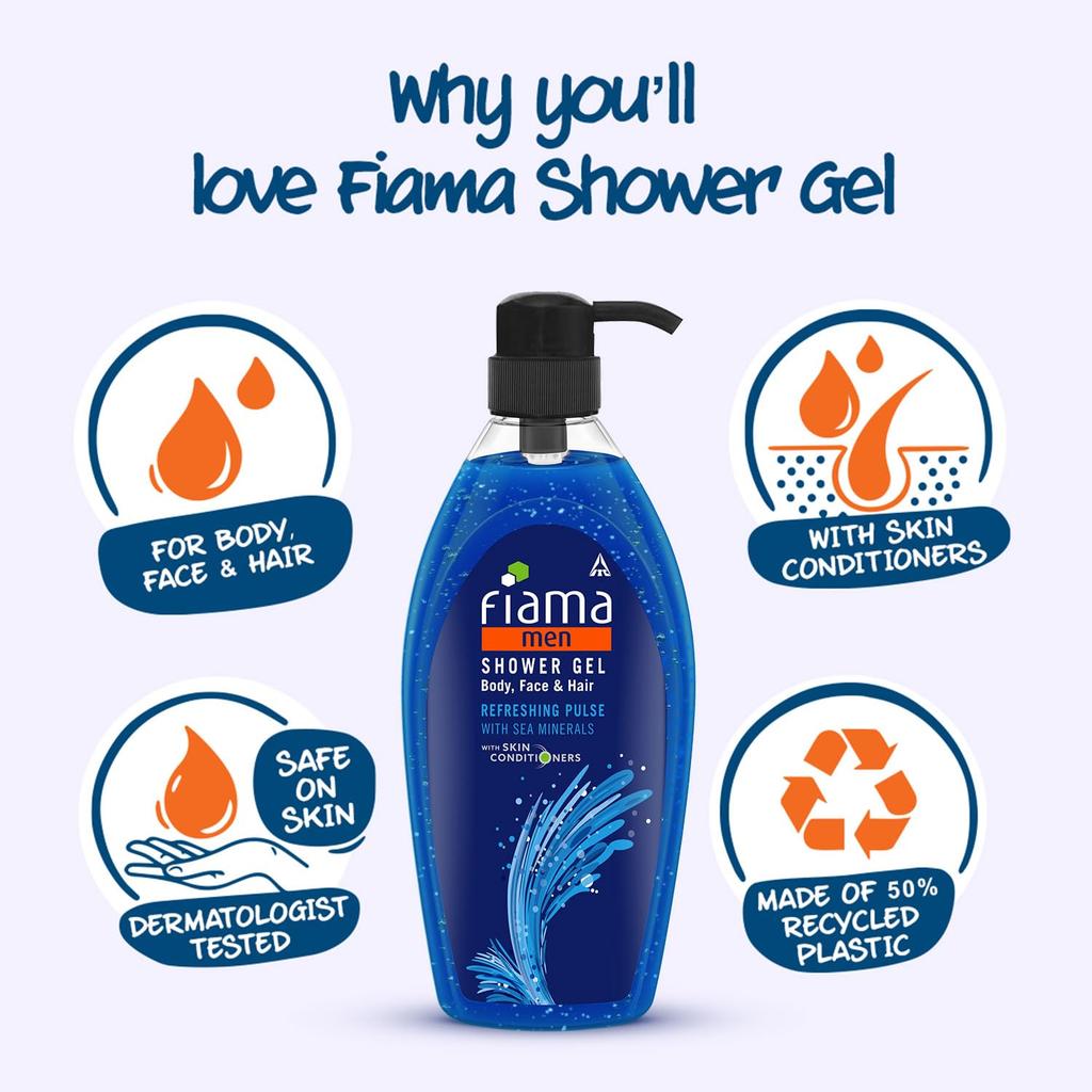 Fiama Men Shower Gel Refreshing Pulse 895ml Hydrating Body Wash Face Wash Shampoo for Smooth Skin
