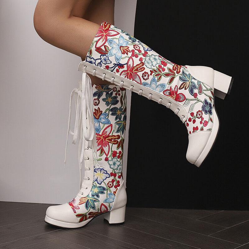 Women Boots Winter Lace-up Round Toe Knee High Boots Square High Heels Fashion Floral Embroidery High Top Women's Boots WSH5012