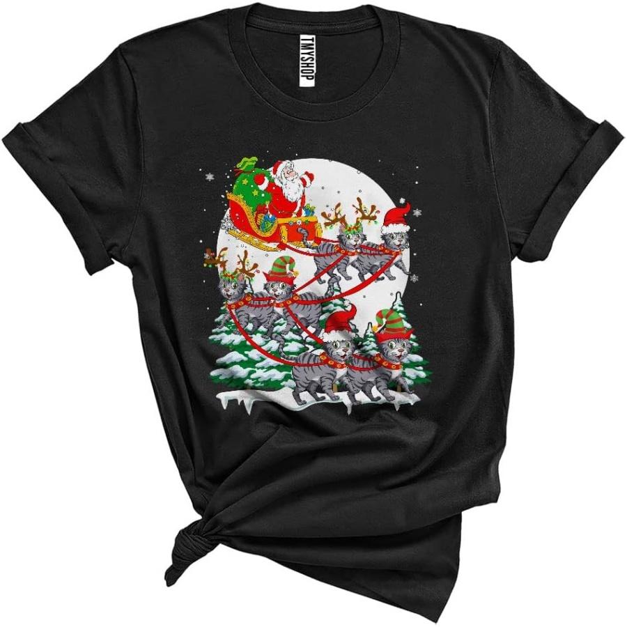 Santa Riding American Shorthair Reindeer Sleigh Funny Cute Christmas Santa Reindeer Cat Lover Unisex T-Shirt Black S