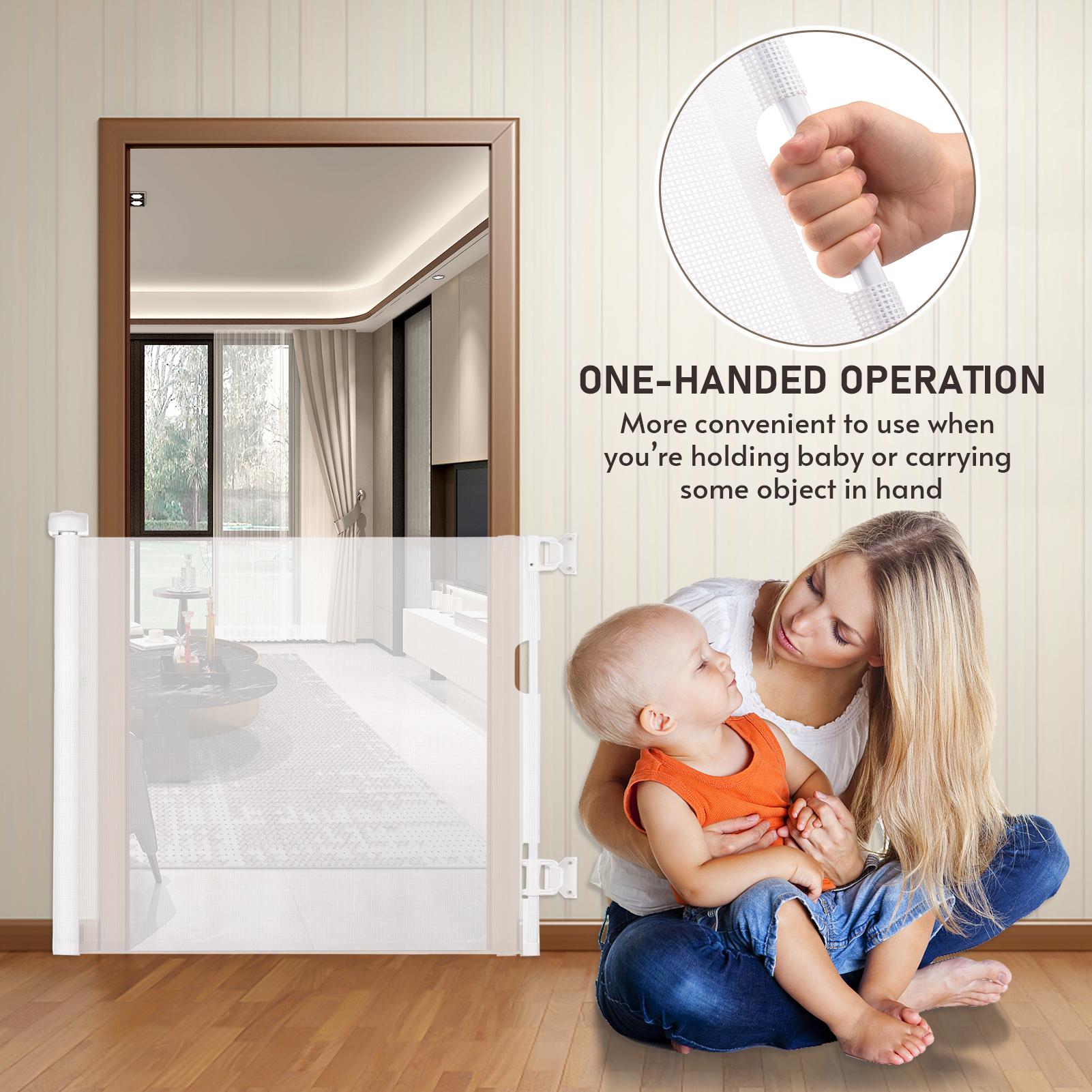 Retractable Baby Gate, Mesh Dog Gate Baby Gate, 33.8 in Tall Extends to 55 in Wide Extra Wide Child Gate For Doorways Stairs Hallways Ki
