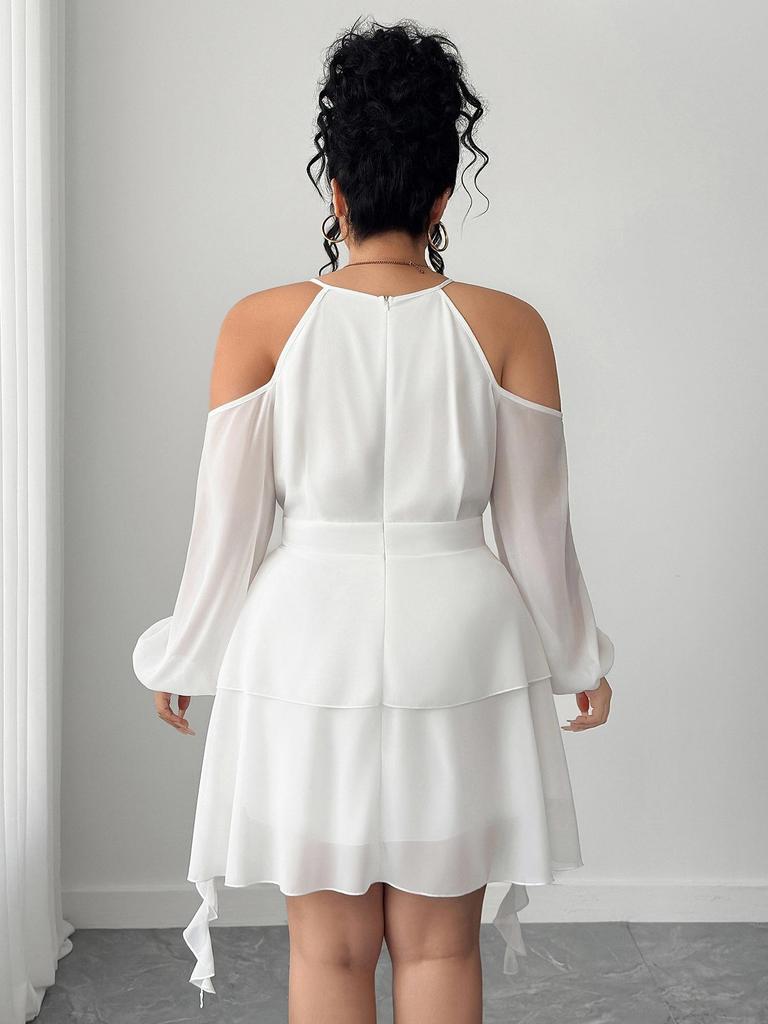 European & American Plus Size Off-the-Shoulder Ruffle Dress with Sweetheart Neckline and Lantern Sleeves