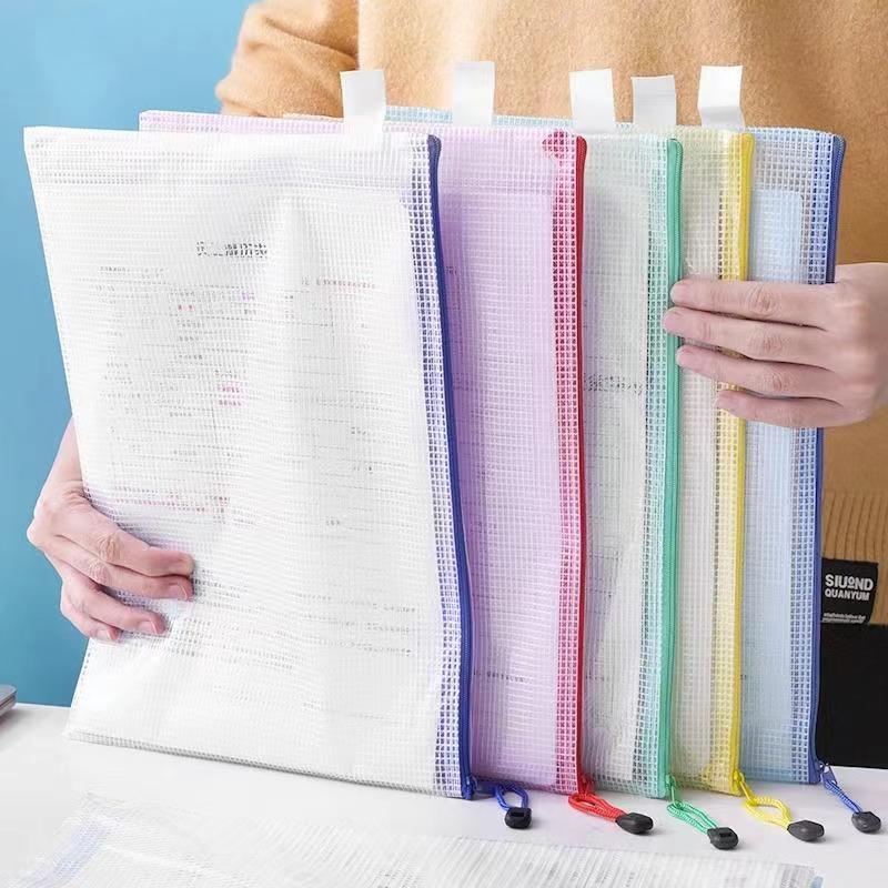 Custom Logo A4 Waterproof Drawstring Transparent Grid File Bag with Zipper