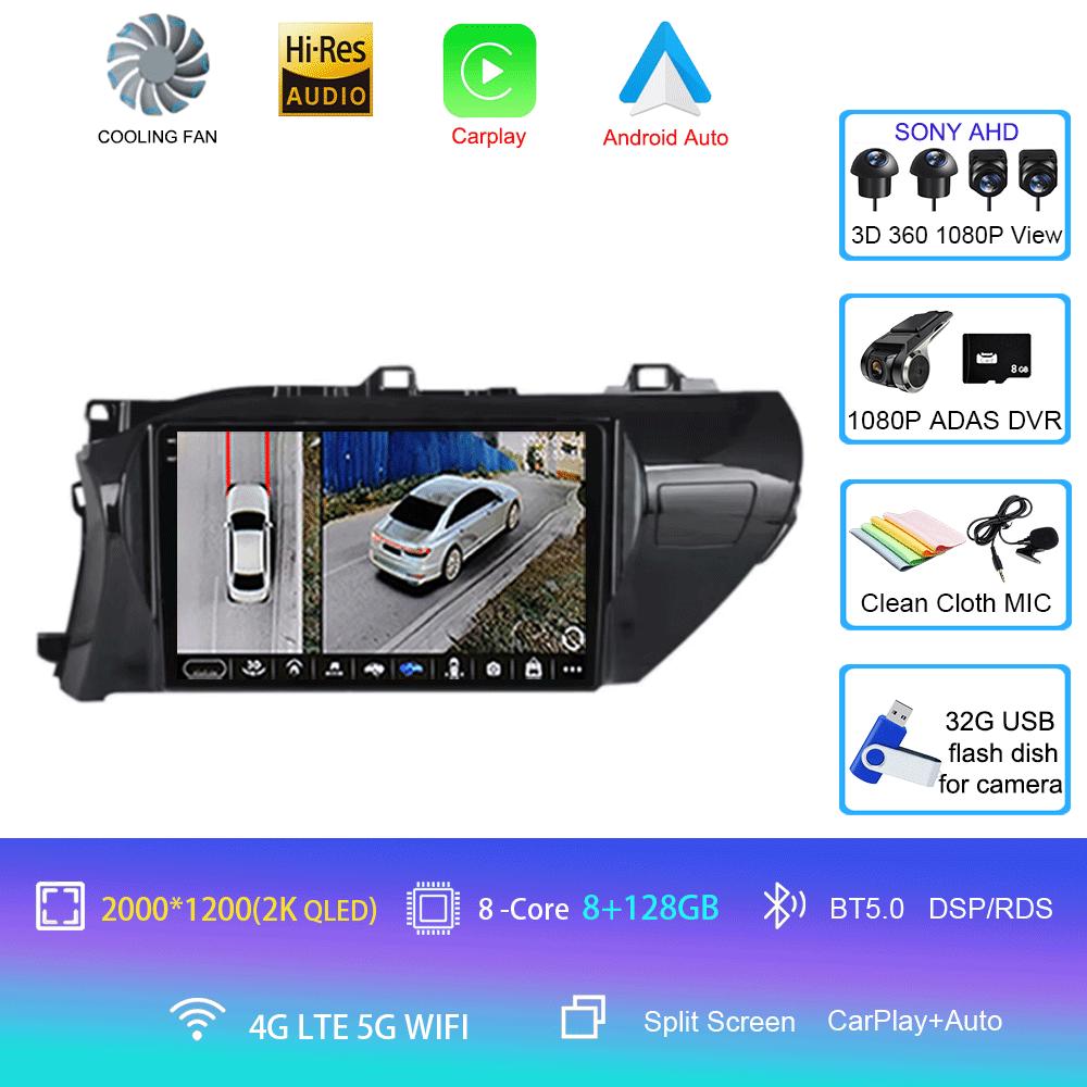 For Toyota Hilux 2016 2017 2018 Car Radio Android 14 Carplay Auto 2K Screen Multimedia Player 2din Autoradio Stereo Head Unit
