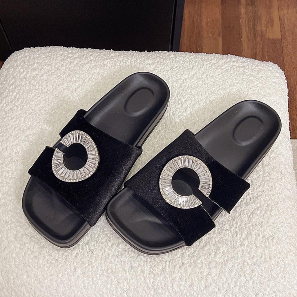 New Gold Velvet Rhinestone Open-toe Sandals, Wearing High-end Hole Slippers, Flat-soled Women's Shoes Trendy