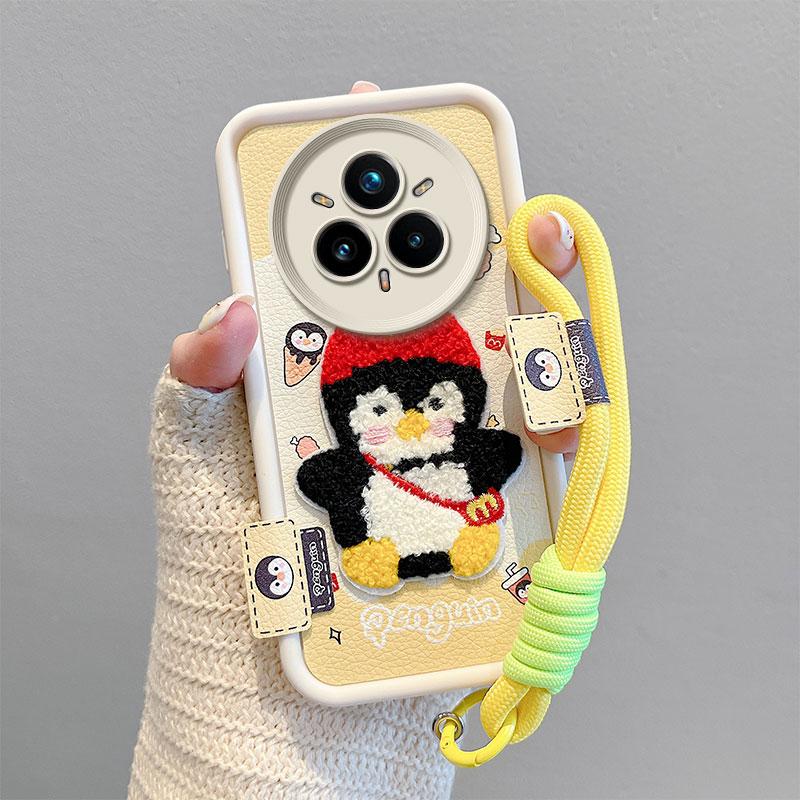 KEYSION Cartoon Cute Plush Embroidery Case for Realme 14 Pro+ 5G with Lanyard Shockproof Phone Cover for OPPO Realme 14 Pro 5G