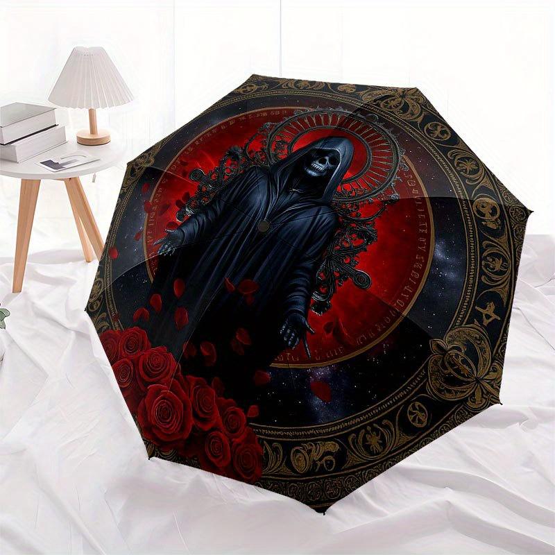 Dark Mystic Icon with Red Roses, Gothic ArtworkUmbrella with Cute Design, Portable 3-Fold Compact Umbrella for Men & Women, Valentine's Day Mother's D