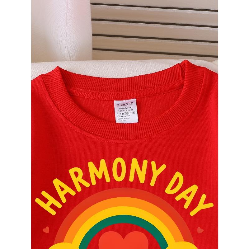 Girls' Long-sleeve Sweatshirt with Round Neck and Printed DesignHarmony Day Rainbow Suitable for Spring and Autumn, Fashionable and Casual
