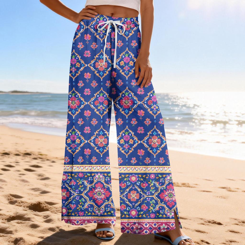 Women Summer Boho Palazzo Pants High Waist Wide Leg Printing Casual Trousers With Pockets