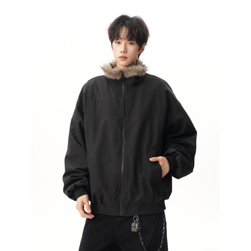 Street Style Mountain Carving Cotton Jacket with Fur Collar Winter Clothing for Men, Thickened Trendy Brand Loose-Fitting Couple Cotton Coat for Women